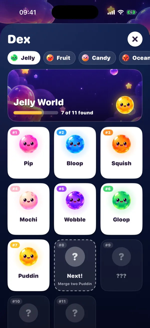 The Dex showing collected Jelly World pals